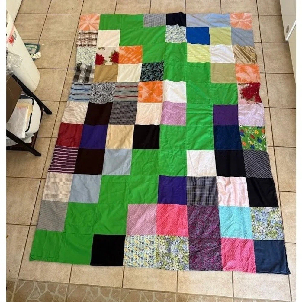Vintage Handmade Patchwork Quilt Multi Color Scrappy Checkerboard Blanket 60x84.